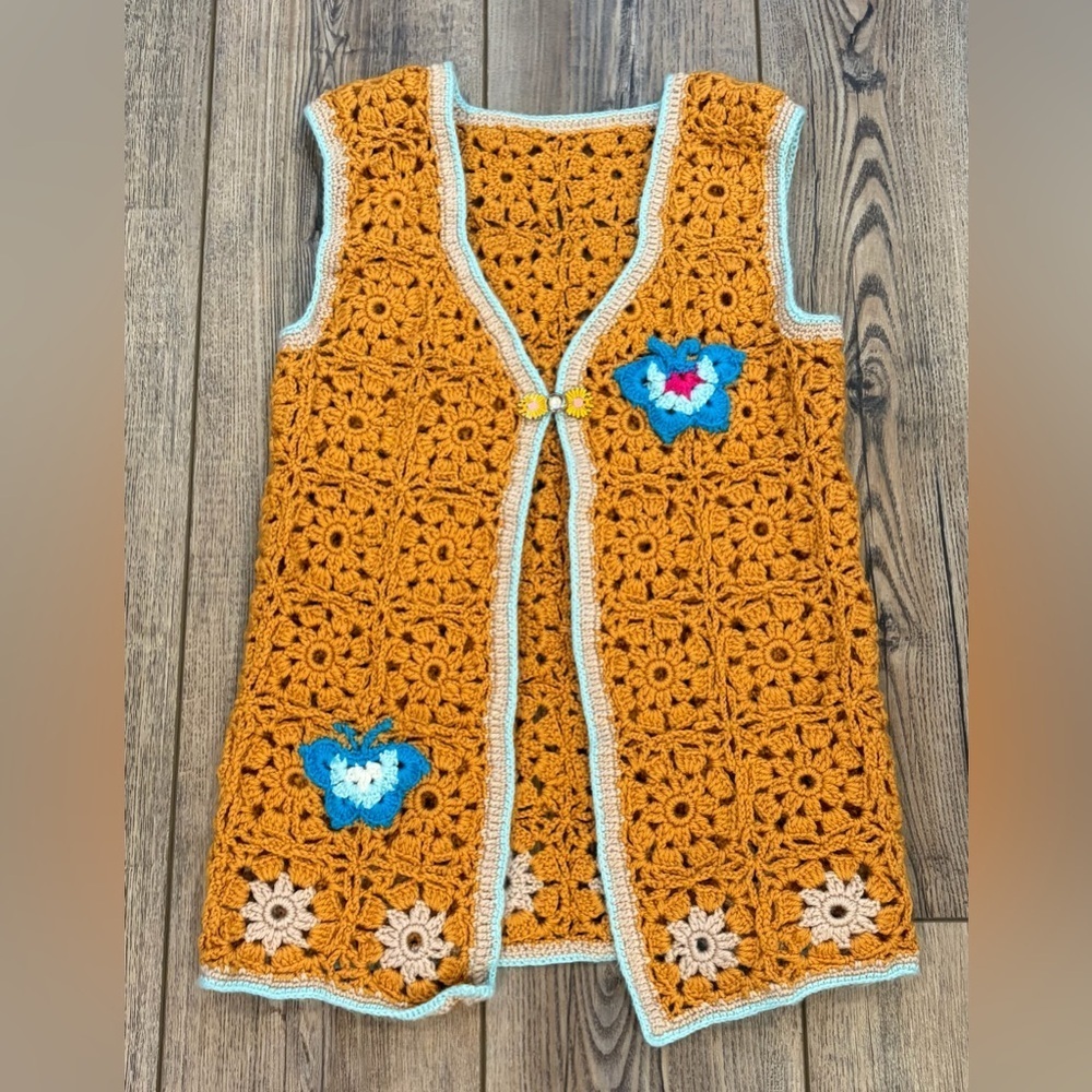 Handmade Crochet Granny Square Vest Boho Floral Butterfly Open Front